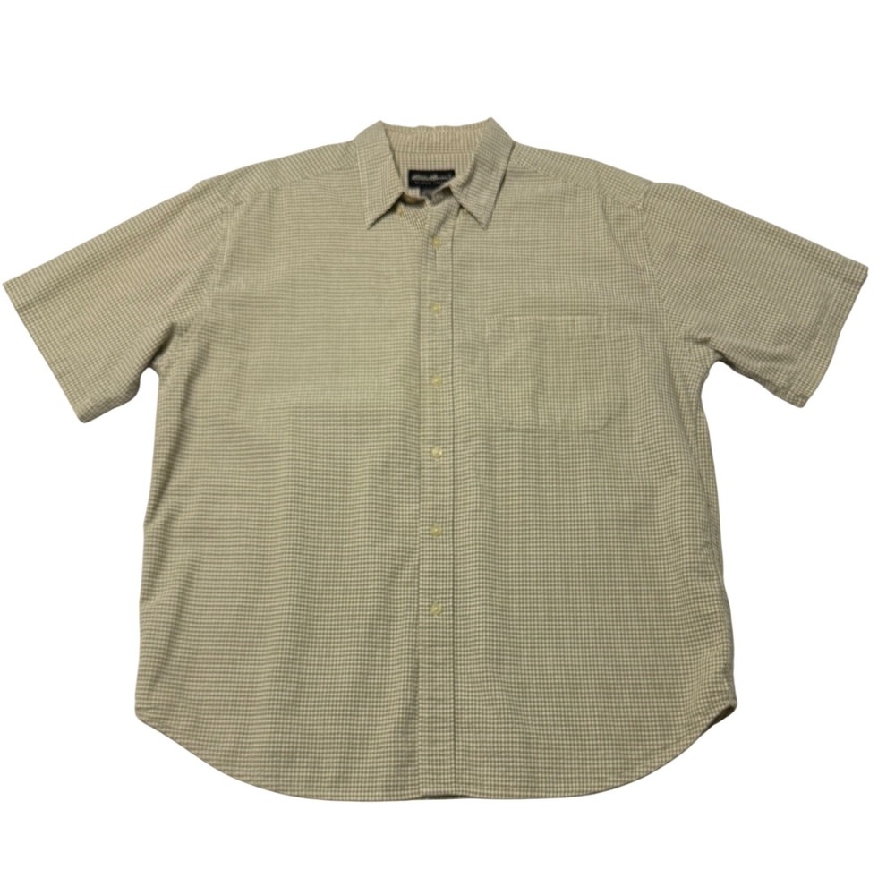 Eddie Bauer Button Down Shirt Green Gingham Short Sleeve Cotton Mens M Preppy